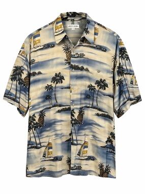 Pierre Cardin Hawaiian Shirt Mens Large Blue Palm Tree Rayon Aloha Camp Island